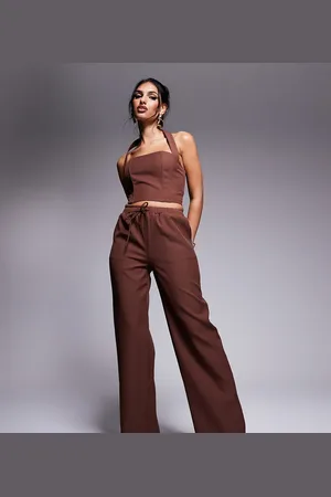 Kaiia Exclusive drawstring waist wide leg trousers co-ord in chocolate