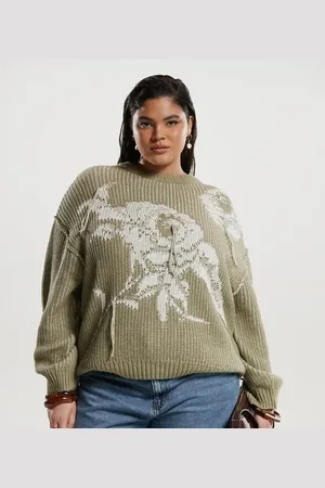 ASOS ASOS DESIGN Curve knitted rose printed oversized crew neck jumper in sage