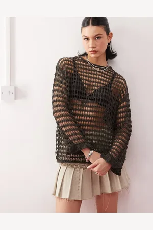 Weekday Diara oversized open knit jumper with frill sleeve detail in dark
