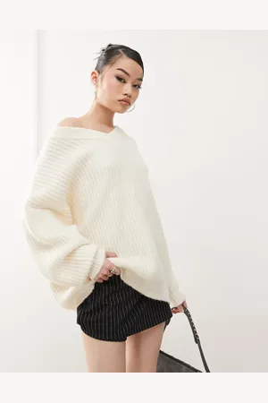 Princess Polly Ribbed knit oversized v neck jumper in cream
