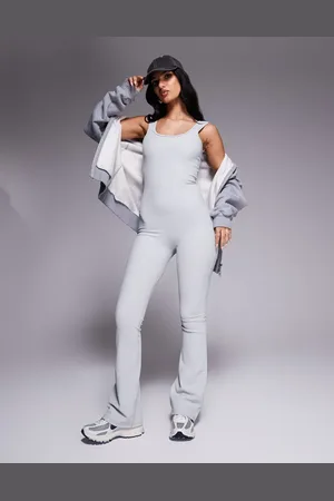 In The Style Ribbed scoop neck flared unitard jumpsuit in light
