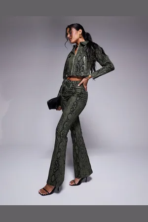 Liquor N Poker High rise flared trouser co-ord in khaki snake print