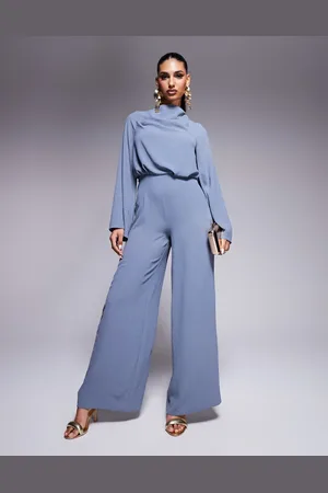 ASOS Cowl neck long sleeve jumpsuit with open back in dusky blue
