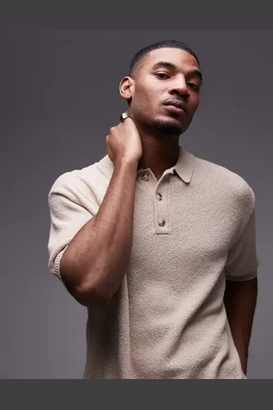 Topman Knitted button through boucle shirt in stone