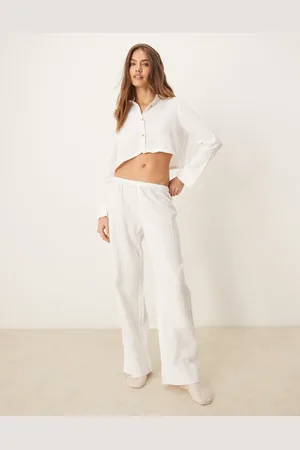 Urban Threads Waffle crop long sleeve button down and boxer trouser pyjama set in cream