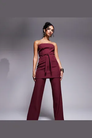 Kaiia Exclusive tailored tie waist wide leg trousers co-ord in burgundy