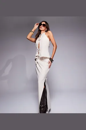 Kaiia Exclusive tailored side split bow detail maxi skirt co-ord in sand