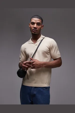 Topman Short sleeve knitted open revere shirt in stone
