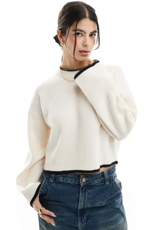 ASOS Boxy crew neck jumper with tipping detail in cream