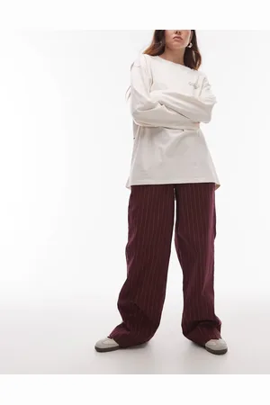 Topshop Pull on straight leg striped trouser in burgundy