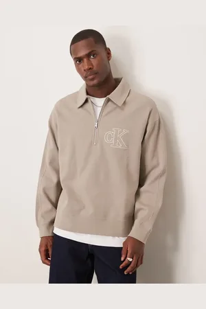Calvin Klein Collared knit 1/4 zip logo in khaki