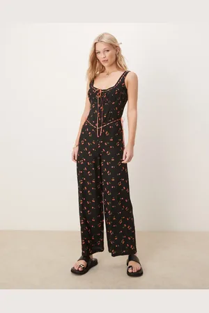 ASOS Lace trim button through wide leg spun jumpsuit in black cherry print