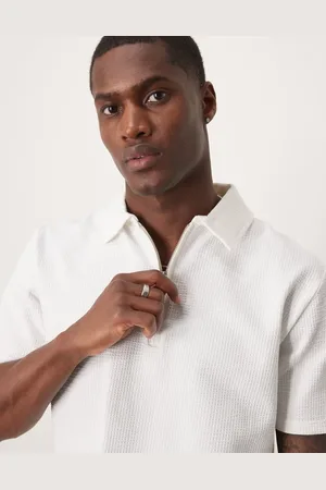 SELECTED Half zip seersucker polo shirt in cream