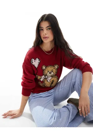 Miss Selfridge Teddy bow knit jumper in red