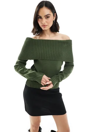 ASOS Knitted bardot jumper with rib detail in olive