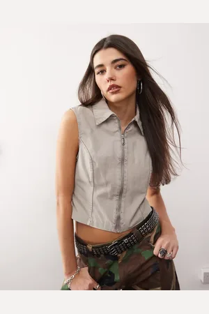 Monki Twill zip through waistcoat in beige