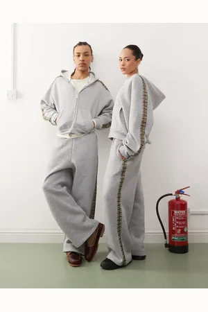 Reclaimed Unisex check side stripe wide leg jogger in marl