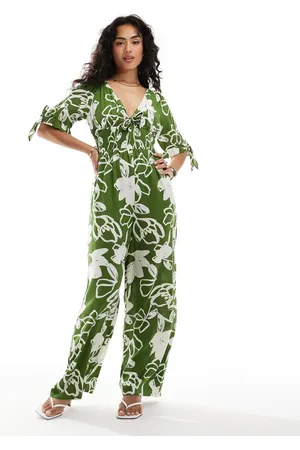 ASOS Shirred waist jumpsuit action in green floral