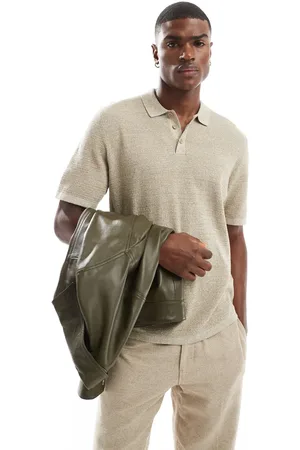 JACK & JONES Textured knitted polo in beige