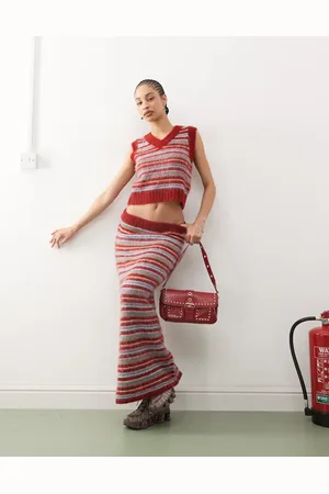 COLLUSION Striped fluffy knitted maxi skirt in burgundy