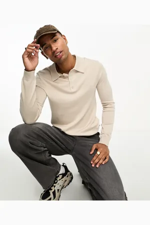 Only & Sons Knitted long sleeve polo in beige
