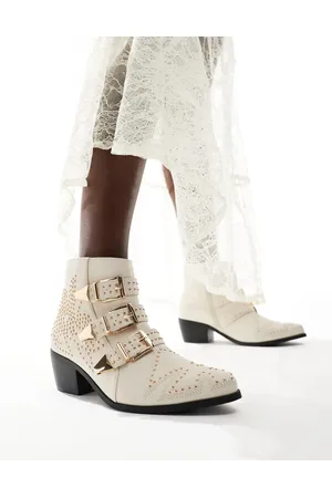 SEQWL Cattle studded buckle detail western boots in cream