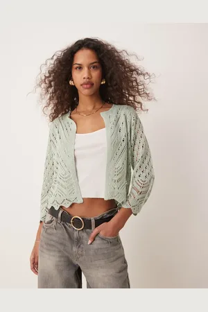 JDY 3/4 sleeve crop broderie cardigan in light sage