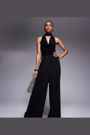 ASOS ASOS DESIGN Tall cowl fabric mix wide leg jumpsuit with tie neck in