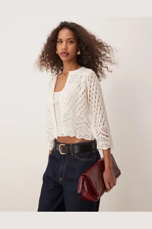 JDY 3/4 sleeve crop broderie cardigan in stone