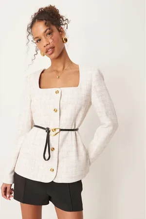 ASOS Boucle scoop neck belted blazer in off white