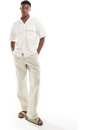 JACK & JONES Premium oversized textured shirt with utility pockets in ecru