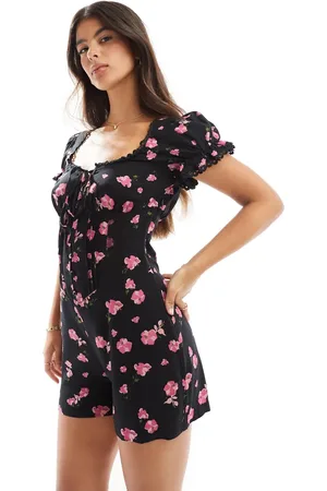 ASOS Spun lace trim corset waist playsuit in black floral print