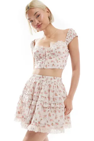Love Triangle Lace trim corset crop top co-ord in pink floral