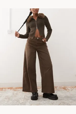 Monki Wide baggy denim trousers in washed chocolate