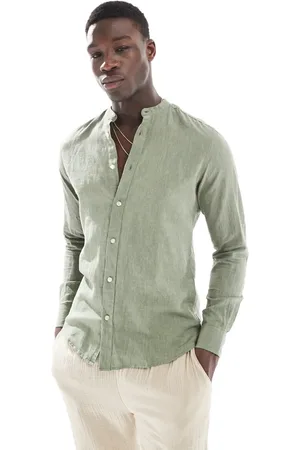 Only & Sons Linen mix grandad collar shirt in sage