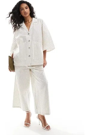 AWARE Cropped wide leg trouser co-ord in off pinstripe