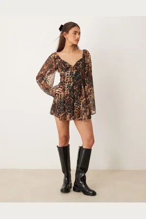 Miss Selfridge Western long sleeve playsuit in leopard print