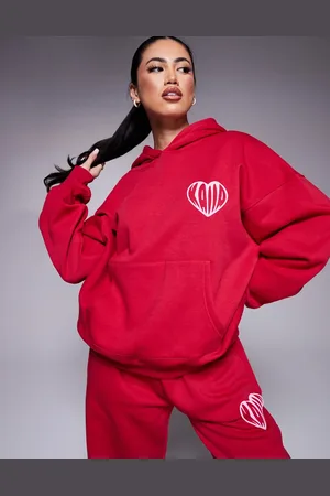 Kaiia Contrast heart logo oversized hoodie co-ord in and pink