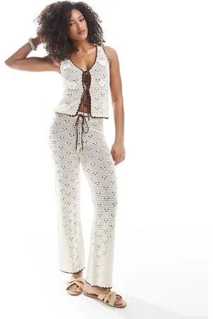 The Frolic Exclusive crochet knitted contrast tie wide leg beach trouser co-ord in cream