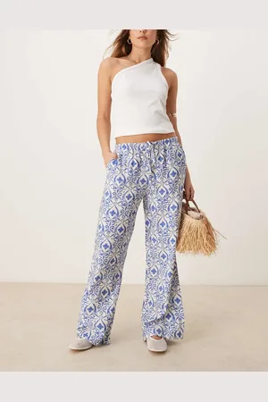 JDY Tie waist wide leg trousers in blue tile print