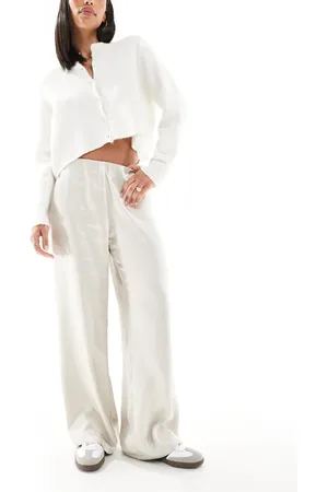 AWARE Wide leg satin pull on trousers in stone