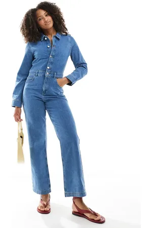 Miss Selfridge Straight leg denim jumpsuit in mid wash