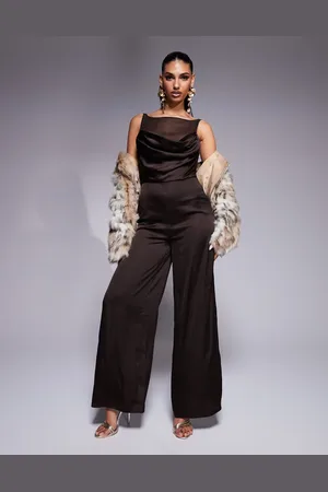 ASOS Cowl neck satin jumpsuit with sheer underlay and buckle back in chocolate