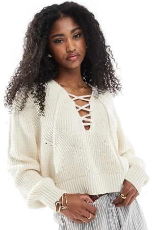 Miss Selfridge Half lace up jumper in cream