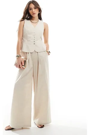 4th & Reckless Linen blend tailored ruched waistband wide leg trousers co-ord in beige