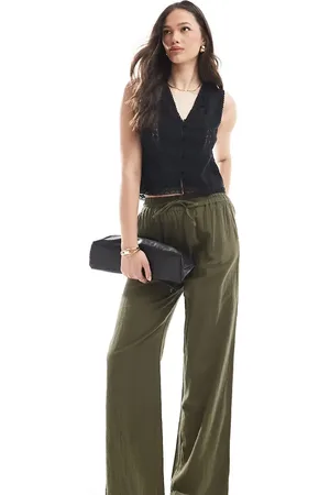 ONLY Wide leg linen look trousers in khaki