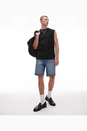 Topman Denim straight leg short with raw hem in mid wash