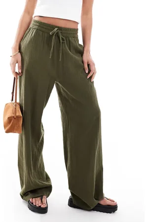 ONLY Wide leg linen look trousers in khaki