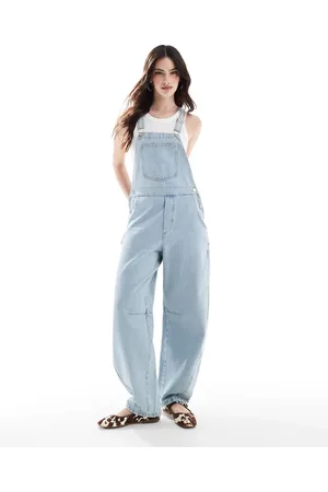 ASOS Barrel leg dungaree in light wash with distressing