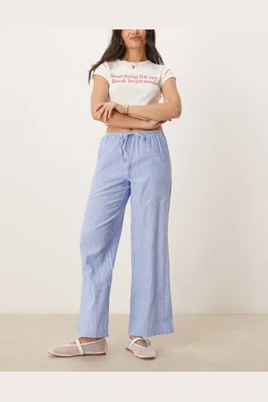 Gina Tricot Wide leg linen blend trousers with drawstring waist in blue and white stripes